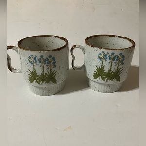 Set of 2 Vintage Speckled Stoneware Mid-century Stacking Mugs with Wildflowers